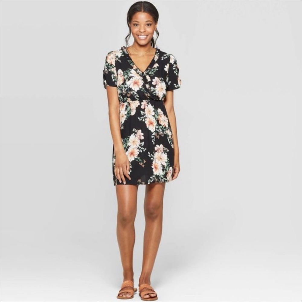 Black v neck floral dress, knee length